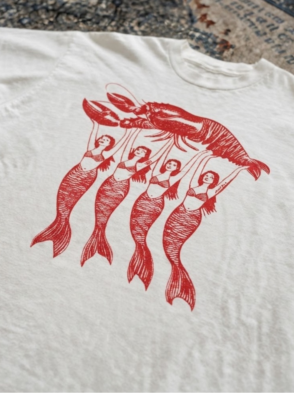 Gildan White Short Sleeve Tee with Red Lobster and Mermaids Graphic - Picture 2 of 4